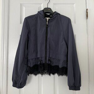 Pinko Hooded Rain Jacket Lace Trim Eccellere Zip Balloon Sleeve Dark Blue Size 6